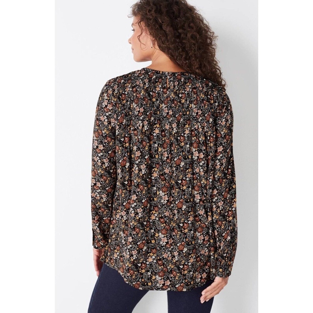 J. Jill Womens Floral Paisley Smocked Long Sleeve Blouse Black Brown Petite S - Picture 11 of 12